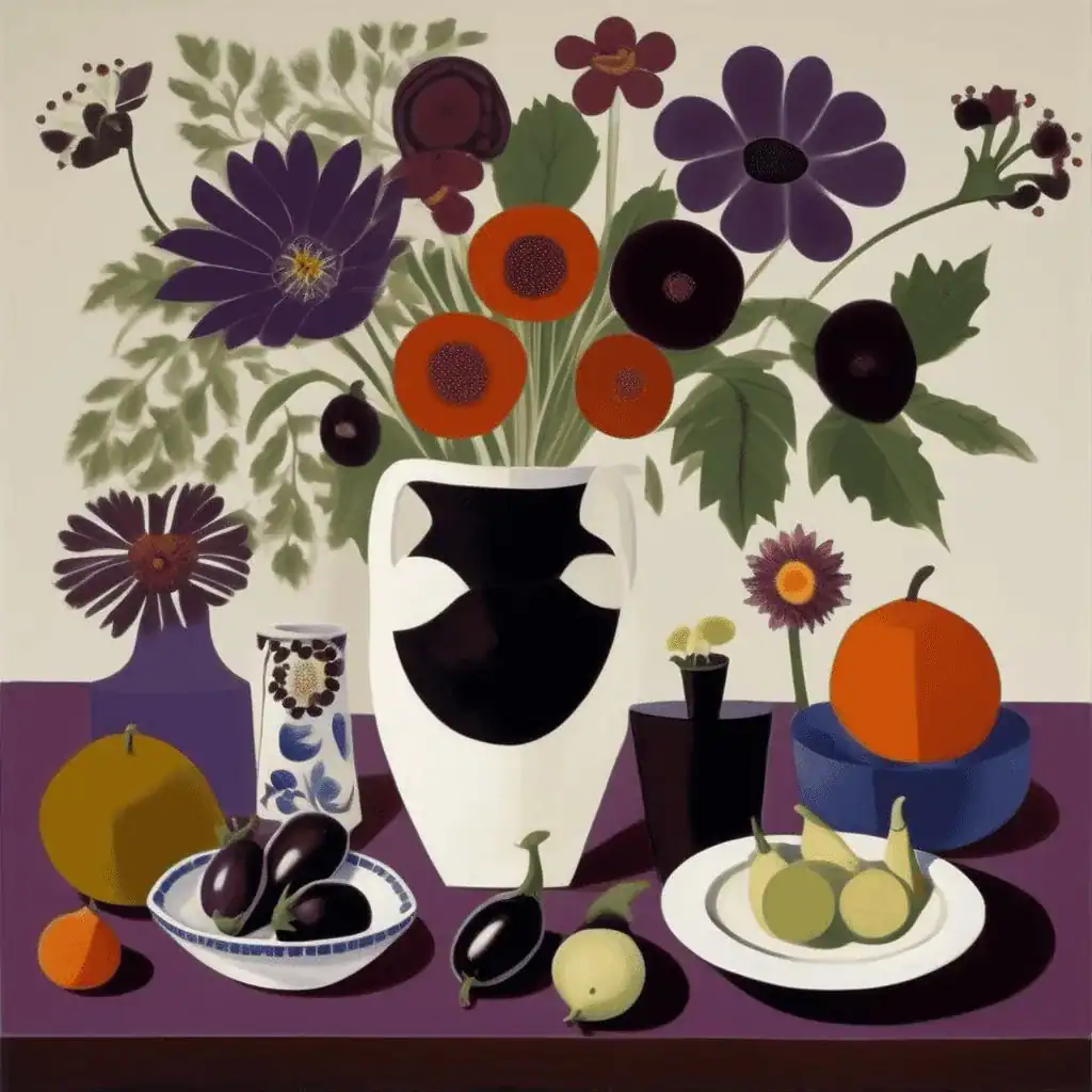 Aubergine and flowers – Mary Fedden